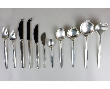 A Georg Jenson sterling silver cypress pattern canteen comprising twelve soup, tea and dessert spoons, twelve small and large