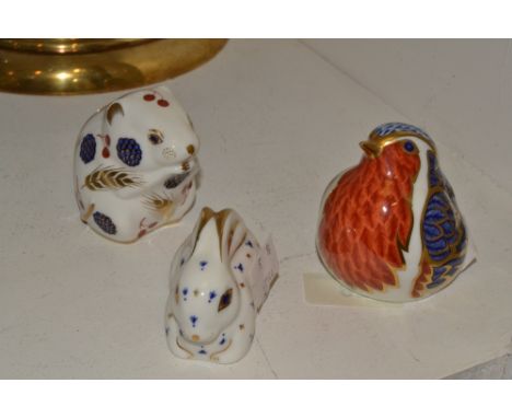 A Royal Crown Derby paperweight, Robin, printed mark, gold stopper;  another, Harvest Mouse, ceramic stopper;  Bunny, silver 