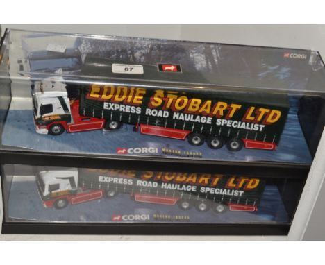 Eddie Stobart Ltd - Corgi Modern Trucks, scale model, ERF Curtainside, 75201;  another, Leyland Daf Curtainside, 75403 (3)