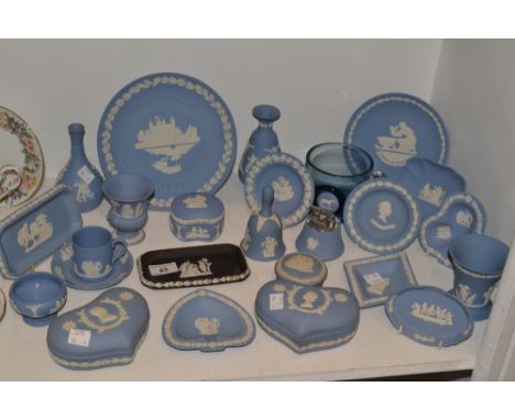 Wedgwood - Blue Jasperware, trinket dishes, heart dishes;  lighter;  blue glass mug;  etc 
