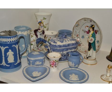 Ceramics - Wedgwood Blue Jasperware vase;  jugs;  trinket dishes;  a Staffordshire blue and white tureen, stand and ladle; a 