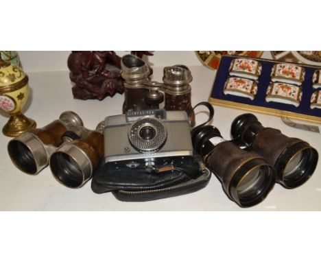 A pair of leather mounted and chrome binoculars  others;  an Olympus -Pen camera;  (4)