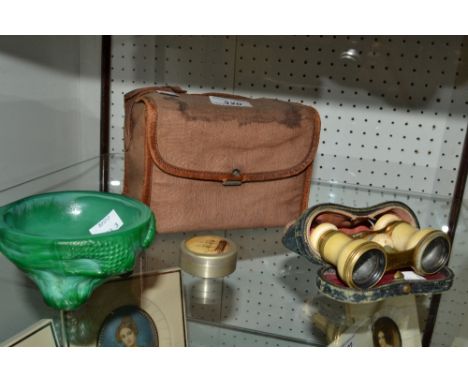 A pair of early 20th century ivorine opera glasses;  a boxed Brownie camera;  a malachite dish;an EPNS pill box  (4)