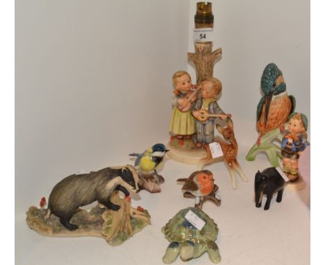 A Goebel figural lamp base, signed MJ Hummel, The Recital;  a Hummel figure, To Market;  a Goebel model of of a kingfisher;  