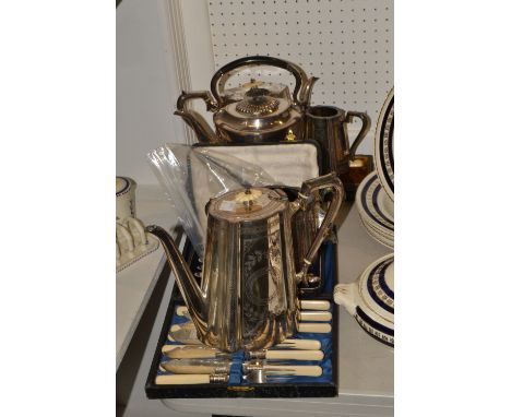 Silver plate - a Victorian four piece tea service, teapot, hot water jug, sugar bowl and milk jug; a spirit kettle on stand; 