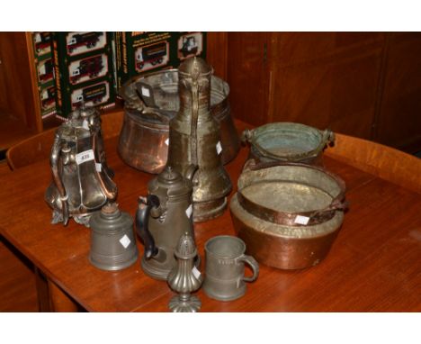 Metalware - a Persian style coffee pot, a silver plated teapot and hot water jug, a pewter wig duster, a pewter ladle stamped