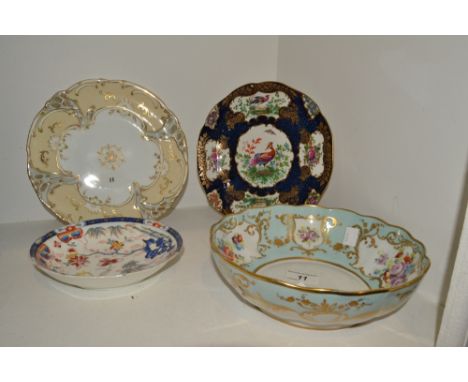 A French shaped circular bowl , painted with stylised flowers on a light blue ground, 22cm diam;  a Coalport plate, in the ma