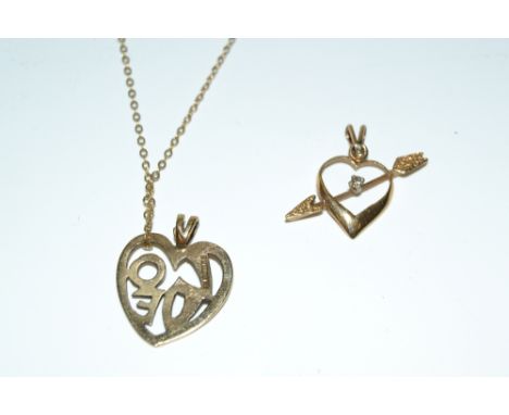 A 9ct gold heart pendant and chain;  another;  etc, 3.8g gross 