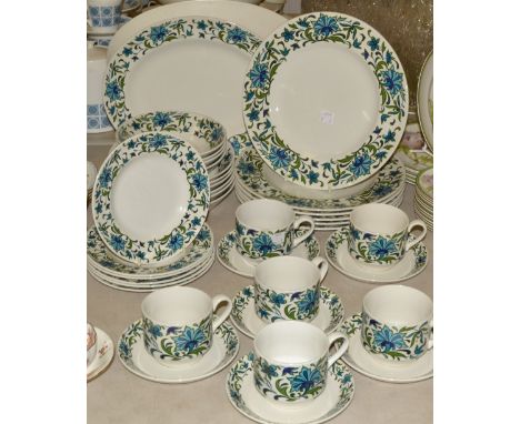 A Midwinter  Spanish garden pattern designed by Jessie Tait,  table service including dinner plates, side plates, cups, bowls