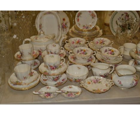 A Royal Crown Derby Posies pattern dinner and tea service, comprising eight dinner plates, six dessert plates, five bowls, ei