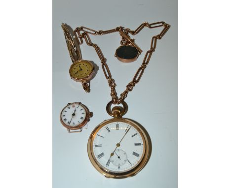 A gold plated open faced  pocket watch, white enamel dial, Roman numerals, subsidiary seconds, gold batons, 9ct gold Albert, 