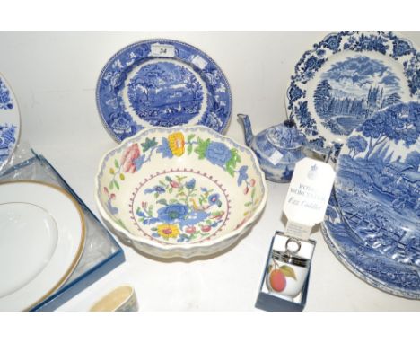 Ceramics - blue and white, a Wedgwood Landscape pattern dish;  a Cauldron globular teapot, printed with chariot;  a Masons Re