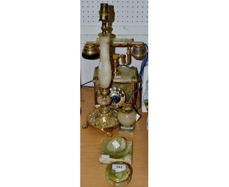 An Onyx telephone, gilt mounted;  an onyx table lamp;  onyx lighter;  etc  (6)