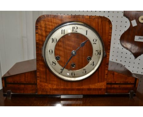 An Art Deco walnut mantel clock, three train movement, c.1935