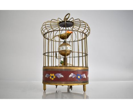 A Reproduction Enamel and Brass Bird Cage Automaton Clock, 20cm High, Working Order