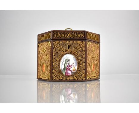 An 18th Century George III Satinwood and Scrolled Work Tea Caddy of Canted Hexagonal Form, the Central Panel Having Painted P