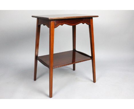 An Edwardian Mahogany Small Rectangular Occasional Table with Stretcher Shelf, String Inlay to Top, 46cms Wide and 61cms High