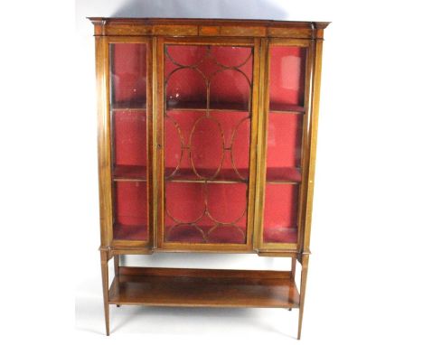 An Edwardian Inlaid Mahogany Breakfront Glazed Display Cabinet with Stretcher Shelf and Satin Lined Shelves and Back, 120x43x