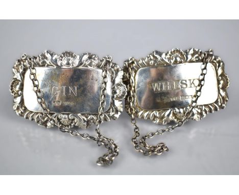 A Pair of Elizabeth II Silver Decanter Labels for Whisky and Gin, by JR, Birmingham Hallmark, 6cms Wide, 27gmd 