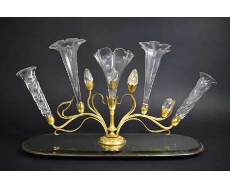 A Late 19th Century Gilt metal Five Trumpet Epergne on Oval Mirrored Base, Art Nouveau Floral Design, One Bud Detached, 40cm 
