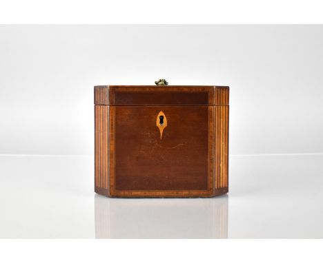 A Georgian Satinwood Two Division Tea Caddy with Canted Corners Inlaid as Reeded Columns, String Inlay Trim with Top Fan Moti