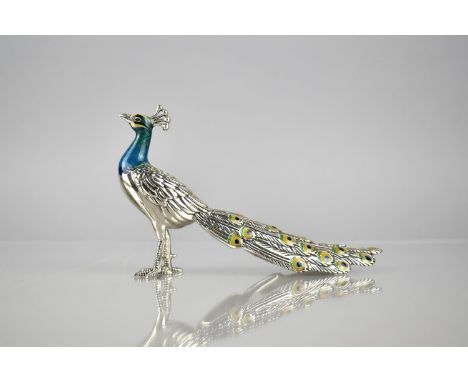 A Saturno Silver and Enamel Study of a Peacock with Hallmark and Stamped 925, 8cms High and 13cms Long 