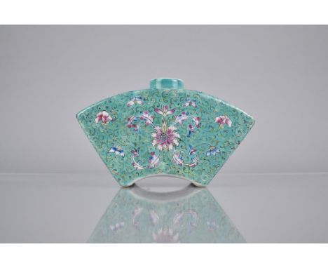 A Chinese Porcelain Turquoise Ground Enamel Caddy Flask Shaped Form Having Sloping Shoulder and Short Neck, Decorated with Ch