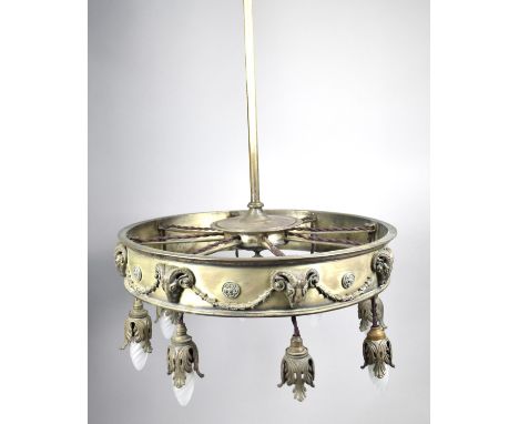 A Circular French Ceiling Eight Branch Chandelier or Light Fitting with Rams Head Decoration, 49cm Diameter and Pole Fitting 