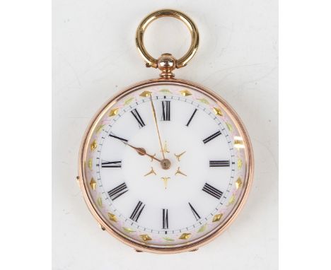 A 9ct gold cased keywind open-faced lady's fob watch with unsigned gilt cylinder movement, base metal inner case, the enamell