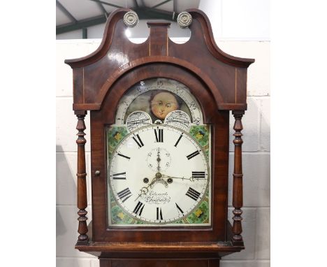 A 19th century mahogany longcase clock with eight day movement striking on a bell, the 14-inch painted breakarch dial with ro