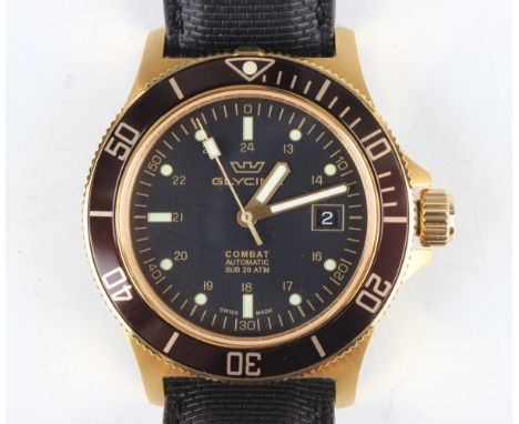 A Glycine Combat Automatic Sub 20 ATM gilt front and steel backed gentleman's wristwatch, the signed black dial with luminous