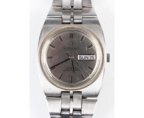An Omega Constellation Automatic chronometer steel cased gentleman's bracelet wristwatch, the signed silvered dial with baton