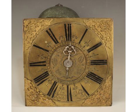 An early 18th century thirty hour longcase clock movement striking on a bell via an outside countwheel, the 10-inch square br