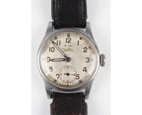 A KM Zentra military issue steel cased gentleman's wristwatch with signed jewelled movement, the signed silvered dial with Ar