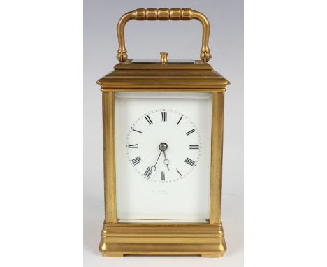 A late 19th century French gilt lacquered brass carriage clock by Soldano, Paris, with eight day movement striking hours, hal