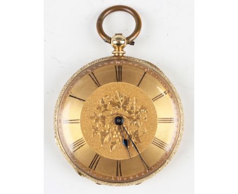 An 18ct gold cased keywind open-faced lady's fob watch with unsigned jewelled movement, the fruiting vine engraved gilt dial 