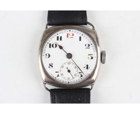 A silver cushion cased gentleman's wristwatch with unsigned jewelled movement, the circular enamelled dial with Arabic hour n