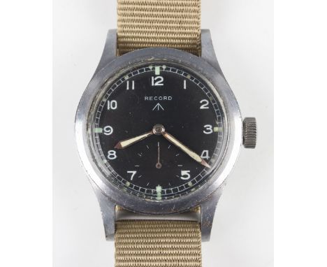 A Record military issue steel cased gentleman's wristwatch with signed jewelled 022K caliber movement, the signed black dial 