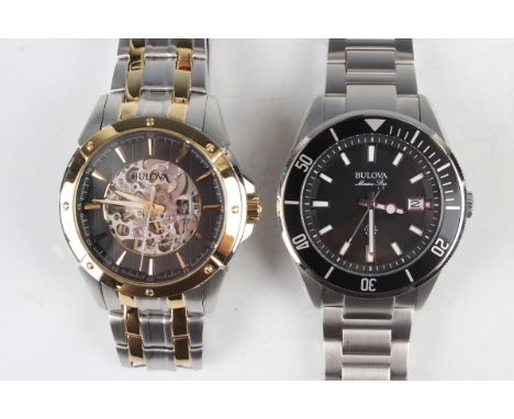 A Bulova Marine Star 100m stainless steel cased gentleman's bracelet wristwatch, the signed black dial with date aperture, th