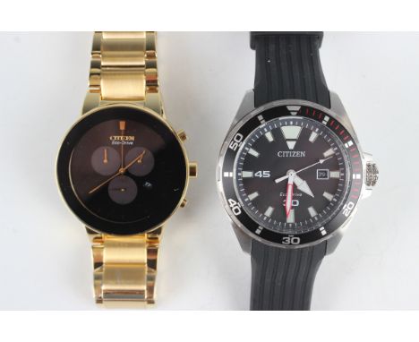 A Citizen Eco-Drive stainless steel cased gentleman's wristwatch, the signed black dial with date aperture, the case with bla