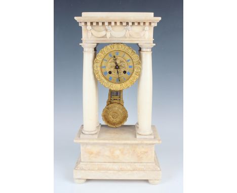 A late 19th century French alabaster portico mantel clock with eight day movement striking on a bell via an outside countwhee