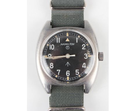 A Hamilton military issue steel cased gentleman's wristwatch, the signed black dial with Arabic hours, centre seconds and MoD
