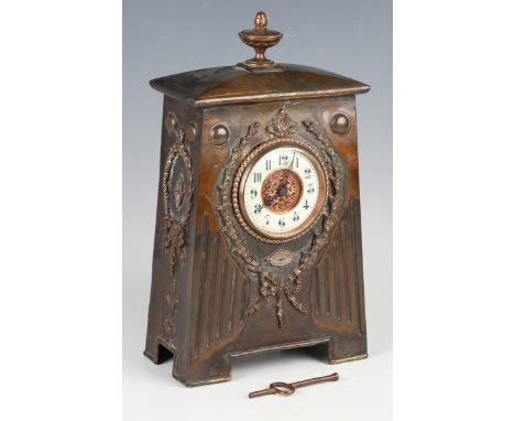 An early 20th century Classical Revival copper cased mantel timepiece, the eight day movement with platform escapement, the c