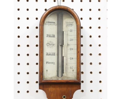 A Victorian oak stick barometer, the ivorine dial with vernier scale and signed 'J. Webster 189 St. John Road Clerkenwell Lon