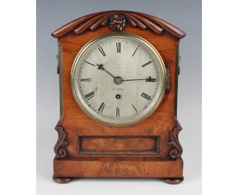 A William IV figured mahogany mantel timepiece with eight day single fusee movement, the 6-inch silvered circular dial with b