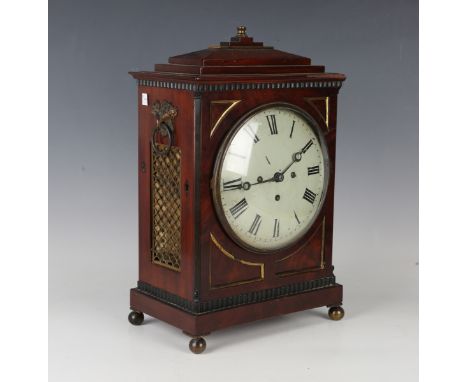 A Regency mahogany bracket timepiece with eight day single fusee movement, the 8-inch painted convex circular dial with black