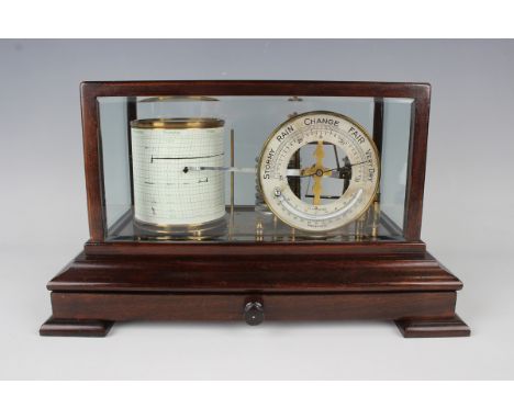 A 20th century stained beech cased barograph with silvered barometer dial and mercury thermometer, the gilt brass mechanism w