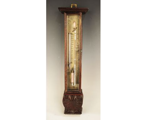 A Victorian rosewood cased Sympiesometer, the silvered scale with mercury thermometer, glass cistern, sliding scale to side a