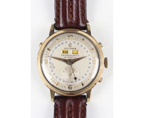 A Citizen gilt metal fronted and steel backed gentleman's calendar wristwatch with signed jewelled movement, the signed dial 