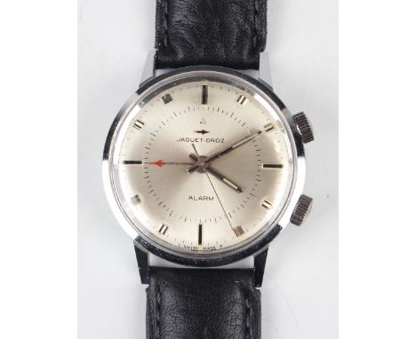 A Jaquet-Droz Alarm steel backed circular cased gentleman's wristwatch with signed silvered dial, case diameter 3.4cm, on a H